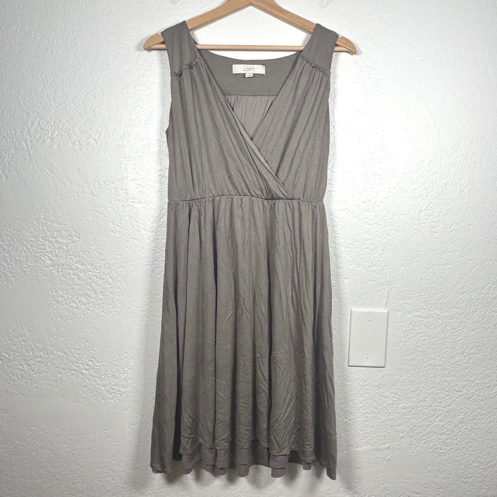 Loft Olive Grey Faux Wrap Sleeveless Ruffle Elastic Waist Dress Size S